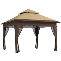 Outsunny 3 x 3(m) Pop Up Gazebo with Mosquito Netting, 1 Person Easy up Marquee Party Tent with 1-Button Push, Double Roof, Carry Bag, Sandbags, Height Adjustable Instant Shelter, Khaki(m-1)