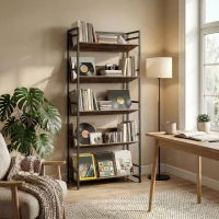 HOMCOM Bookshelf 5-Tier Metal Frame Bookcase Storage Shelves for Living Room Rustic Brown(m-8)