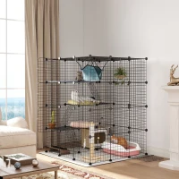 PawHut Steel Wire Cat Cage Indoor with Hammock, Ramps, Doors, DIY Cat Enclosure for 1-3 Cats, Black(m-10)