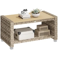 Outsunny Outdoor Coffee Table with Storage Shelf, PE Rattan Side Table with Slatted Top and Foot Pads, Light Brown(m-10)