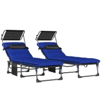 Outsunny Folding Sun Loungers Set of 2 with Canopy, Reclining Sunbed with Cushion, Side Pocket, Carrying Handle, Dark Blue(m-1)