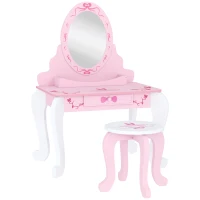 AIYAPLAY Kids Dressing Table Set, Vanity Table with Stool, Mirror, Drawer, Desktop, Storage, Ballet-Theme, Pink(m-1)
