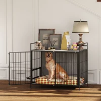 PawHut Large Dog Crate Furniture with Rotating Bowl Holder, 2 Bowls, 2 Doors, for Large Dogs, 100 x 60 x 88 cm, Grey(m-8)