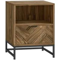 HOMCOM Bedside Table with Drawer and Shelf, Side End Table with Steel Legs for Living Room, Bedroom, Brown Wood Effect(m-10)