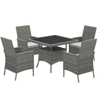 Outsunny Rattan Garden Furniture Set, Outdoor Dining Table and Chairs 4 Seater with Cushions, Square Tempered Glass Top, 4 Armchairs, for Balcony, Terrace, Conservatory, Grey(m-1)