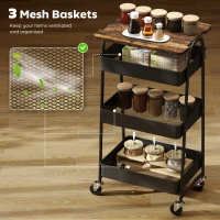 HOMCOM 3-Tier Kitchen Storage Trolley with on Wheels Cover Top Board - Rustic Brown and Black(m-4)