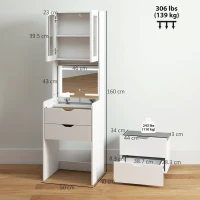 HOMCOM Toeletta Trucco con Specchio Illuminato e Sgabello, Luce Regolabile, Cassetti e Armadietto, Bianco(m-3)