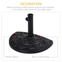 Outsunny 9kg Resin Parasol Base, Half Round Umbrella Stand with Floral Design for Garden, Outdoor, Suitable Umbrella Rod: Φ3.8cm, Φ4.8cm, Black(m-4)