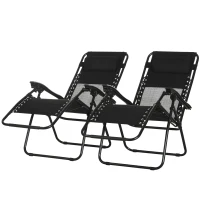Outsunny Garden Recliner Chairs Set of 2, Outdoor Foldable Zero Gravity Chairs Set w/ Footstool and Detachable Headrest, Black(m-11)