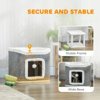PawHut Cat House for Indoor Kittens, 2-Level Cat Cave Bed with Fluffy Balls, Top Bed, Kitten Barrel for Multi Kitties, Grey(m-7)