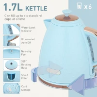 HOMCOM 1.7L 3000W Fast Boil Kettle & 2 Slice Toaster Set, Kettle and Toaster Set with Auto Shut Off, Browning Controls, Light Blue(m-4)