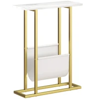 HOMCOM Narrow Side Table, End Table with Magazine Holder, Nightstand for Small Spaces, Living Room, Bedroom, White Marble Grain(m-1)