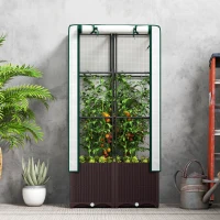 Outsunny Raised Garden Bed with Trellis, Plastic Planter Box with PE Cover, Drainage Holes, Drain Plugs and Water Reservoirs for Climbing Plants, Vegetables, Flowers, 80 x 40 x 140 cm(m-8)