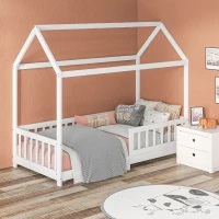 HOMCOM House-Shaped Kids Bed Frame with Guard Rails, Solid Pine Wood Single Bed Frame for Kids Boys and Girls(m-2)
