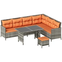 Outsunny 7-Seater Patio wicker Sofa Set Rattan Chair Furniture w/ Glass & Cushioned, Orange(m-1)