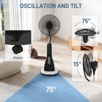 HOMCOM Pedestal Fan with Water Mist Spray, Spray Misting Fan with 75° Oscillation, Remote Control, Tilt Head, 3 Speeds, 3 Modes, 3 Mist, 3L Water Tank, Wheels, for Home, 125 cm(m-6)
