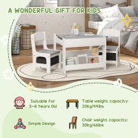 HOMCOM Three-Piece Kids Table and Chair Set with Blackboard, Storage, Bookshelves - Grey(m-5)