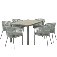 Outsunny Rattan Dining Set, 6 Seater Rattan Garden Furniture Set with Acacia Wood Top Rectangle Table, 6 Chairs, Washable Seat Cushions, for Outdoor, Patio, Conservatory, Grey(m-1)