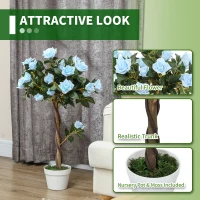 Outsunny Set of 2 Artificial Plants White Rose Floral in Pot, Fake Plants for Home Indoor Decor, 90cm, Light Blue(m-5)