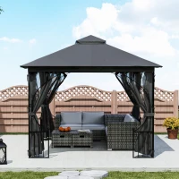 Outsunny 3 x 3m Garden Gazebo Patio Party Tent Shelter Outdoor Canopy Double Tier Sun Shade with Metal Frame and Netting, Dark Grey(m-9)