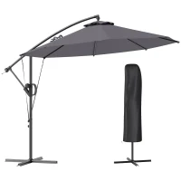 Outsunny 3(m) Garden Cantilever Parasol with Cover and Wind Protection Strap, Round Overhanging Umbrella with Crank Handle and Tilt, Banana Patio Umbrella for Outdoor Sun Shade, UPF50+, Grey(m-10)