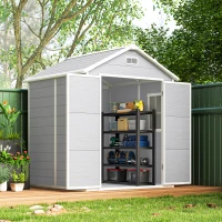 Outsunny 6 x 5ft Garden Shed, Plastic Shed with Floor, Window, Lockable Doors and Vents, Wood Effect Resin Tool Shed for Outdoor Patio, Light Grey(m-9)