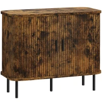 HOMCOM Mid-Century Modern Sideboard Storage Cabinet with Slatted Tambour Sliding Doors, Kitchen Cabinet with Steel Legs, Rustic Brown(m-1)