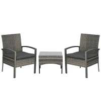 Outsunny 3 Pieces Rattan Bistro Set, Wicker Garden Furniture Set with Glass Top Coffee Table and Chairs, Washable Cushions for Outdoor, Patio, Balcony, Mixed Grey(m-10)