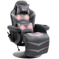 HOMCOM Massage Gaming Chair, Swivel Racing Video Gaming Recliner with Retractable Footrest, Headrest, Cup Holders and Side Pockets, Ergonomic High Back PU Leather Executive Desk Chair, Grey(m-10)