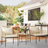 Outsunny 3 Piece Rattan Bistro Set, Wicker Garden Furniture Set with Cushions, Glass Top Coffee Table and Chairs for Outdoor, Patio, Balcony, Beige(m-9)