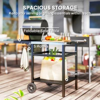 Outsunny BBQ Trolley with Stainless Steel Top and Foldable Side Table, Outdoor Kitchen Barbecue Station with Hooks and Shelf, Pizza Oven Table Movable Outdoor Grill Dining Cart with Cover, Black(m-5)