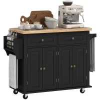 HOMCOM Rolling Kitchen Island Storage Trolley with Rubber Wood Top & Drawers for Dining Room, Black(m-10)