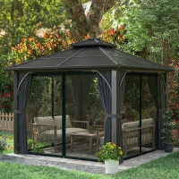 Outsunny 2.5 x 2.5 m Hardtop Gazebo Canopy with 7mm PC Roof, Garden Gazebo Permanent Pavilion with Netting, Curtains, Dark Grey(m-9)