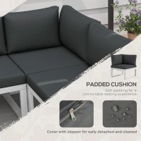 Outsunny 4 Pieces Garden Furniture Set, 5-Level Reclining Garden Corner Sofa Set, Outdoor Lounge Conversation Sectional with Cushions, Wood Effect Plastic Table, White Frame & Grey Cushion(m-5)
