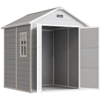 Outsunny 6 x 5ft Garden Shed, Plastic Shed with Floor, Window, Lockable Doors and Vents, Wood Effect Resin Tool Shed for Outdoor Patio, Light Grey(m-11)