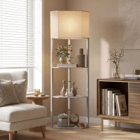 HOMCOM Corner Floor Lamp with Shelves, Tall Standing Lamps for Living Room, with Pull Chain Switch Bulb not Included, Grey(m-10)