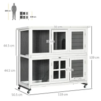 PawHut Wooden Rabbit Hutch, Two-Tier Guinea Pig Cage, with Removable Tray, Wheels(m-3)