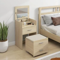 HOMCOM Tavolo da Trucco con Specchio a Ribalta, Cassetti e Sgabello, in Legno e Tessuto Effetto Lino, color Legno(m-2)