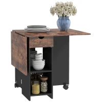 HOMCOM Folding Dining Table, Drop Leaf Table for Small Spaces, Foldable Table with Drawer and Storage Shelves for Kitchen, Dining Room, Rustic Brown(m-10)
