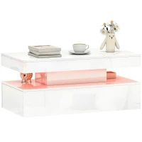 HOMCOM LED Coffee Table with Storage - High Gloss White(m-10)
