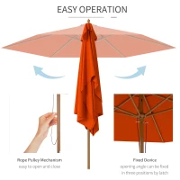 Outsunny 2.5m Wood Garden Parasol Sun Shade Patio Outdoor Wooden Umbrella Canopy, Table Market Umbrella with Vent, 38mm Pole, Rope Pulley Mechanism, Orange(m-5)
