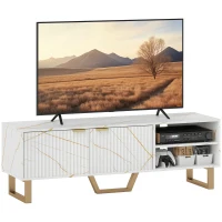 HOMCOM Marble Effect TV Unit, TV Stand Cabinet for up to 70" TVs, Modern TV Cabinet with Shelves and Storage Cupboard, Fluted Door, Extra Centre Leg, Cable Management for Living Room, White(m-10)