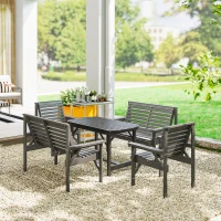 Outsunny 5 Piece Wooden Garden Dining Set for 6, Outdoor Conversation Set with 2 Armchairs, 2 Loveseats and Dining Table with Umbrella Hole for Patio, Balcony, Grey(m-8)