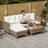 Outsunny 3 Pieces Rattan Garden Furniture Set, L Shaped Garden Conversation Chaise Lounge Furniture with Wood Top Coffee Table and Thick Cushions, Cream(m-2)