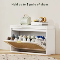 HOMCOM Boho Shoe Bench with Padded Seat and Flip-Drawer - White(m-6)