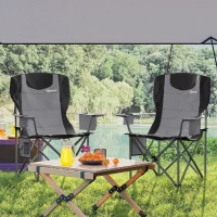 Outsunny Set of 2 Folding Camping Chairs, Padded Camping Chairs with Adjustable Armrests, Portable & Lightweight Folding Camp Chair with Cooler Bag, Cup Holder and Side Pockets, Grey(m-9)