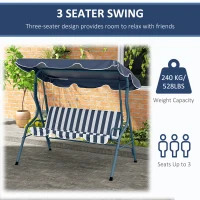 Outsunny 3 Seater Garden Swing Seat Chair Outdoor Bench with Adjustable Canopy and Metal Frame, Blue Stripes(m-6)