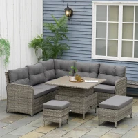 Outsunny 7 Seater Rattan Garden Furniture Set, 6 Piece Patio Dining Set with Liftable Coffee Table and Soft Padded Cushion, Wicker Sectional Conversation Corner Sofa, 123 x 55 x 84 cm, Grey(m-2)