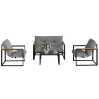Outsunny Garden Furniture Set, 4 Piece Indoor Outdoor Conservatory with Loveseat Sofa, Armchairs, Glass Top Coffee Table, Cushions for Balcony, Poolside, Patio, Light Grey(m-11)