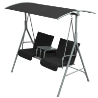 Outsunny 2 Seater Garden Swing Chair Patio Rocking Bench w/ Tilting Canopy, Double Padded Seats, Storage Bag and Tray, Black(m-11)